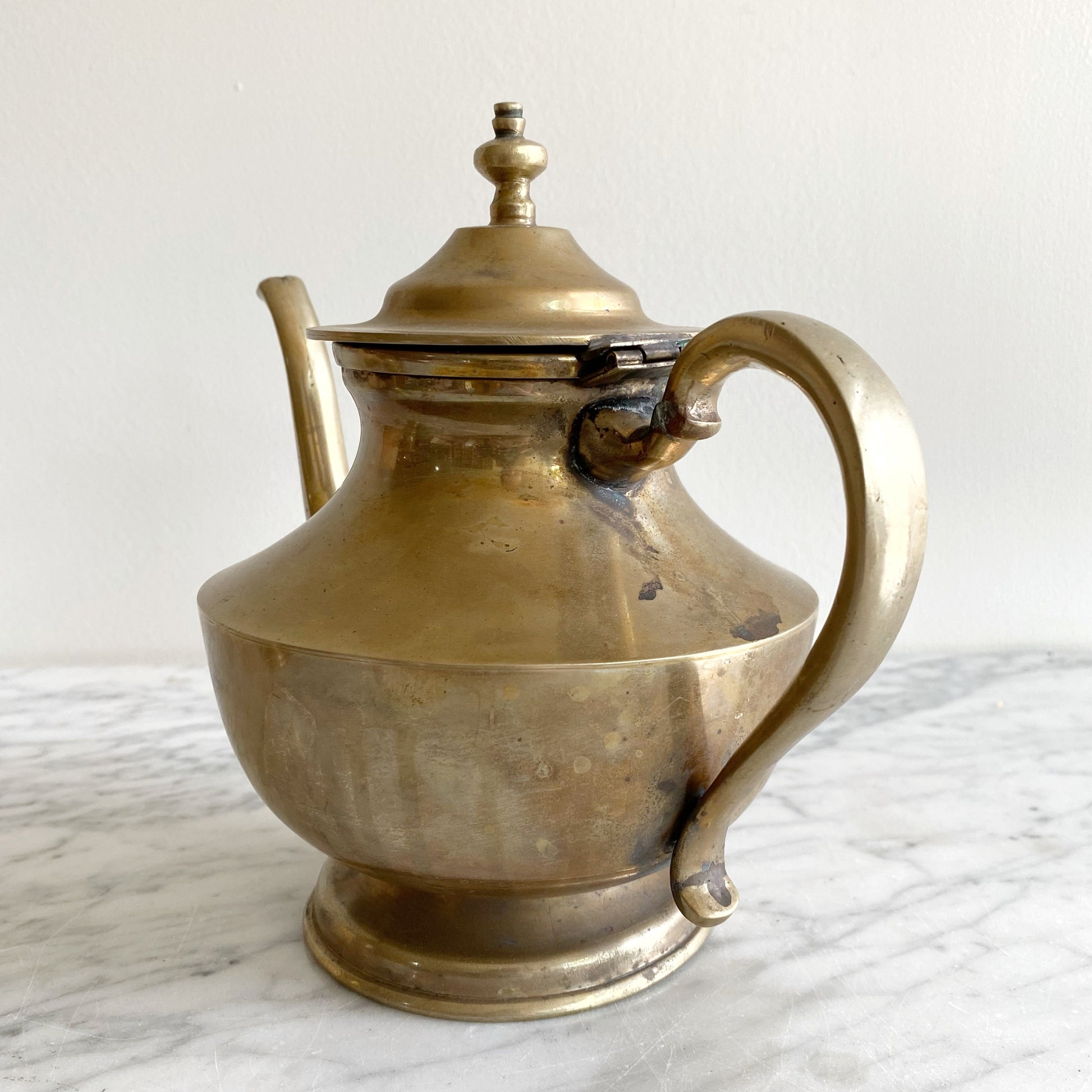 vintage brass teapot, old Farberware Brooklyn New York brass tea kettle pot