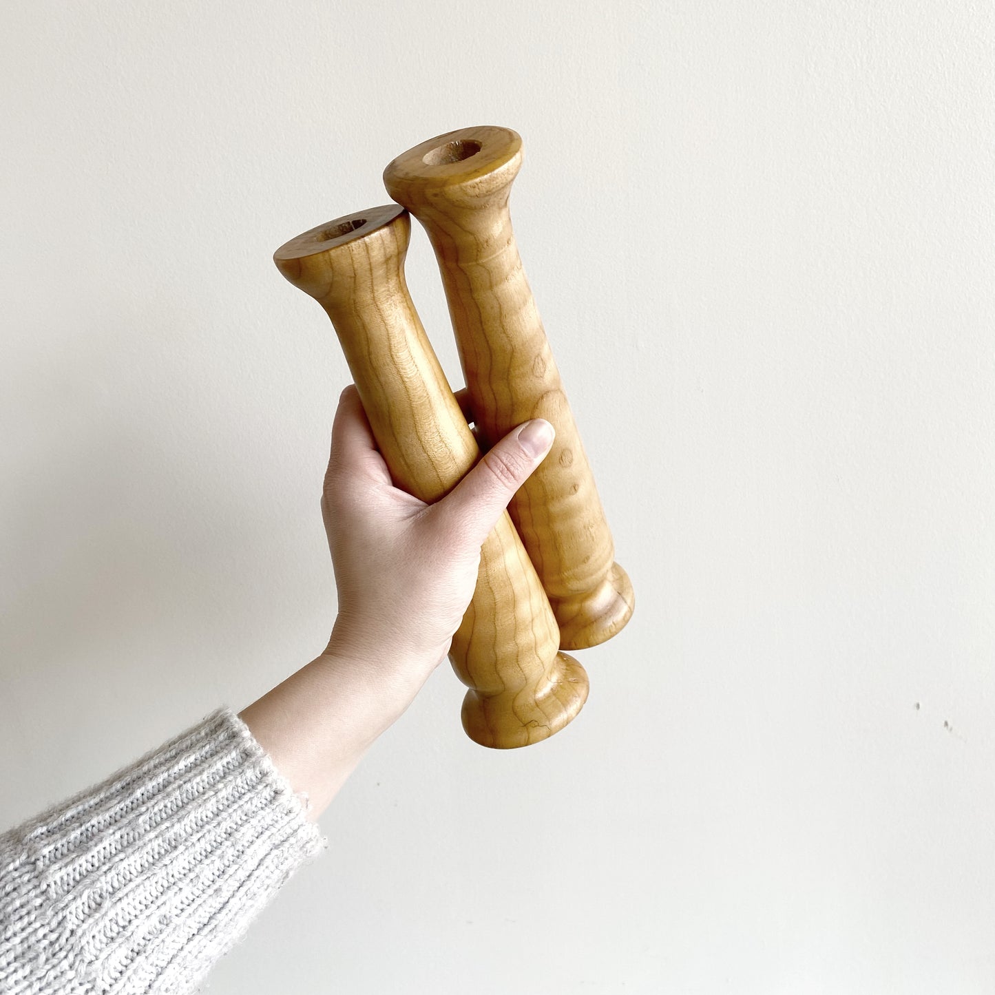 Pair of Tall Turned Wood Candle Holders, 9.5”