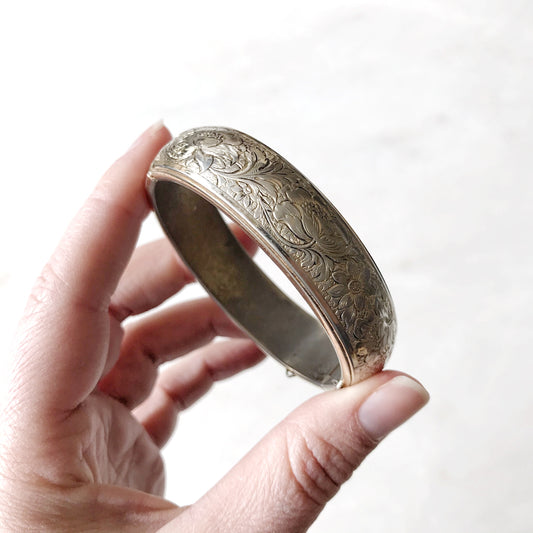 Vintage Silver Etched Floral Clip Bracelet
