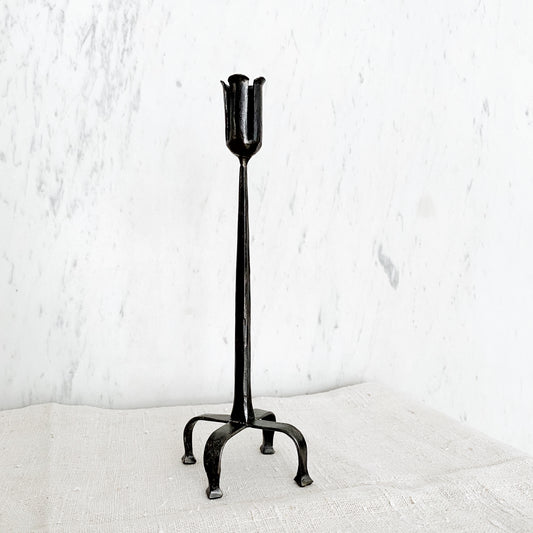 Vintage Tall Footed Iron Candle Holder, 11"
