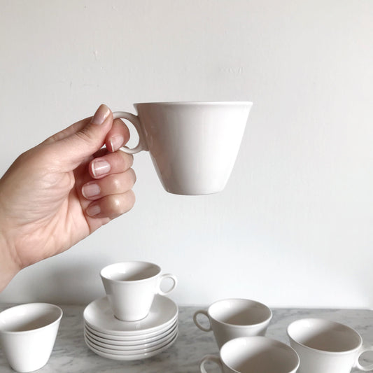 Vintage White Ceramic Cups + Saucers, 12-pc Set