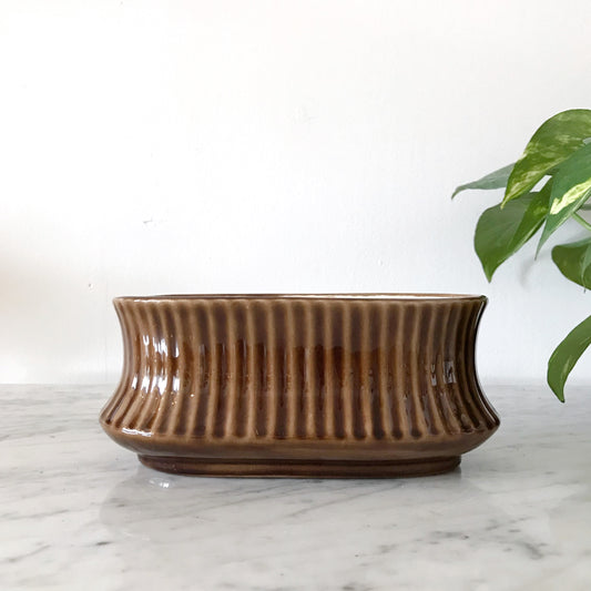 Vintage Ceramic Planter, Brown Ribbed
