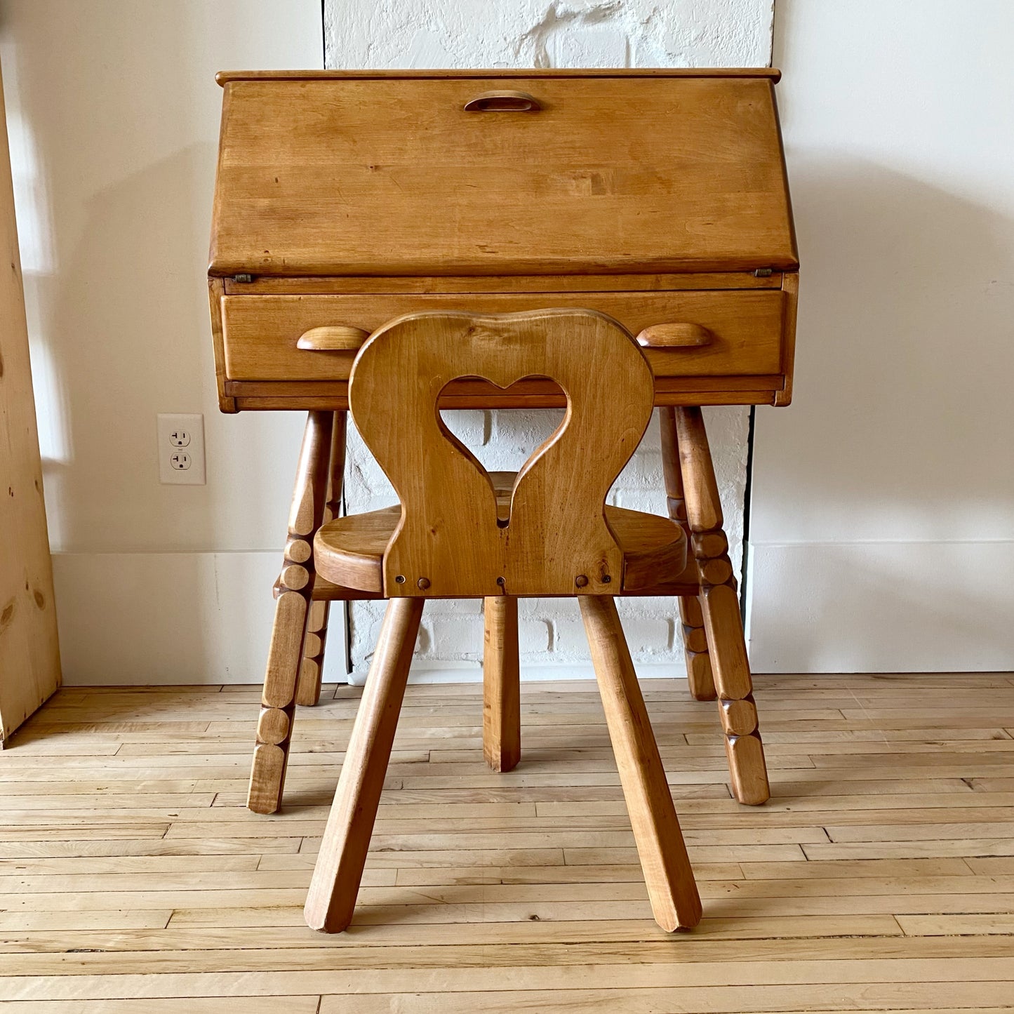 Vintage Folksy Wood Desk + Chair Set