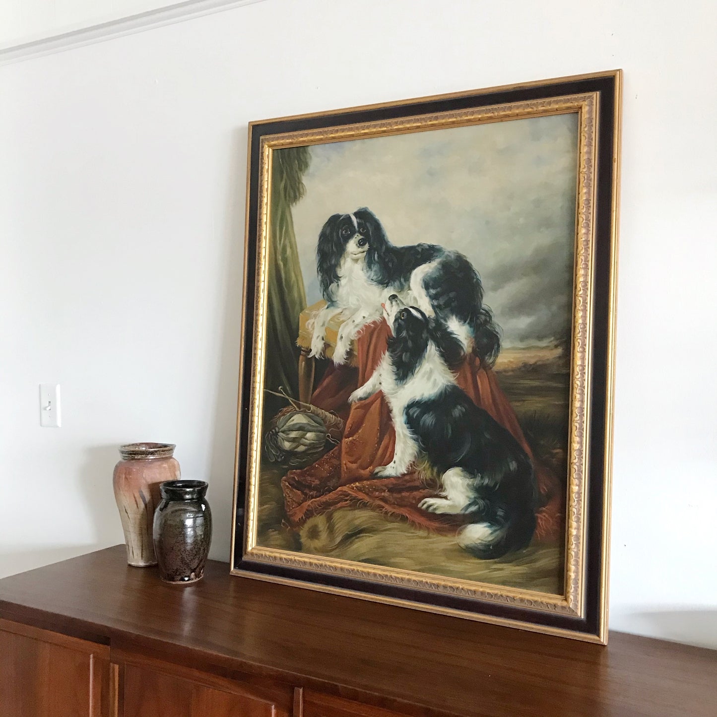 XL Vintage Framed Oil Painting of Spaniels (33.5 x 41.5)