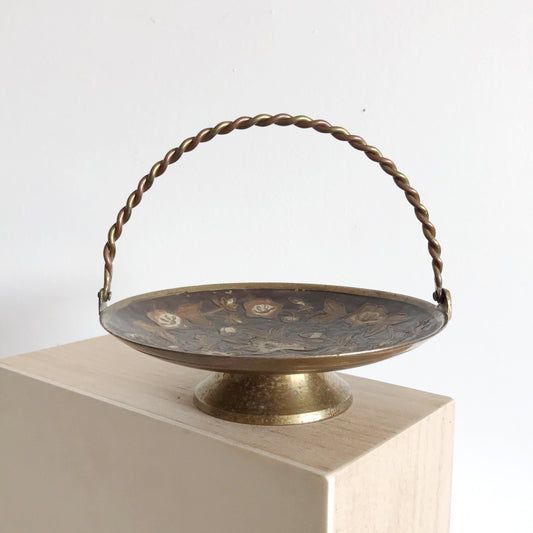 Vintage Brass Dish with Enameled Floral Design