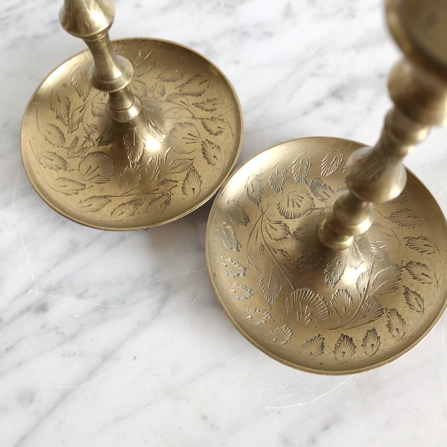 Pair of Vintage Etched Brass Candle Holders