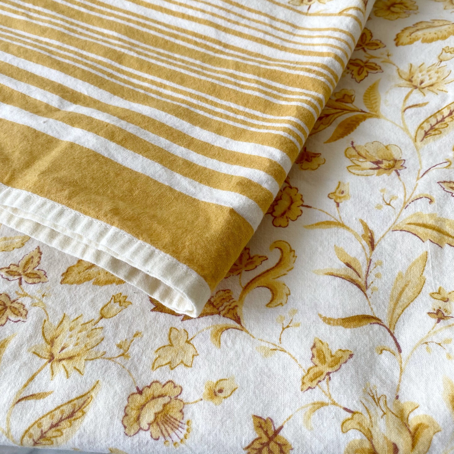 Vintage Yellow Floral Cotton Tablecloth (70 x 108)