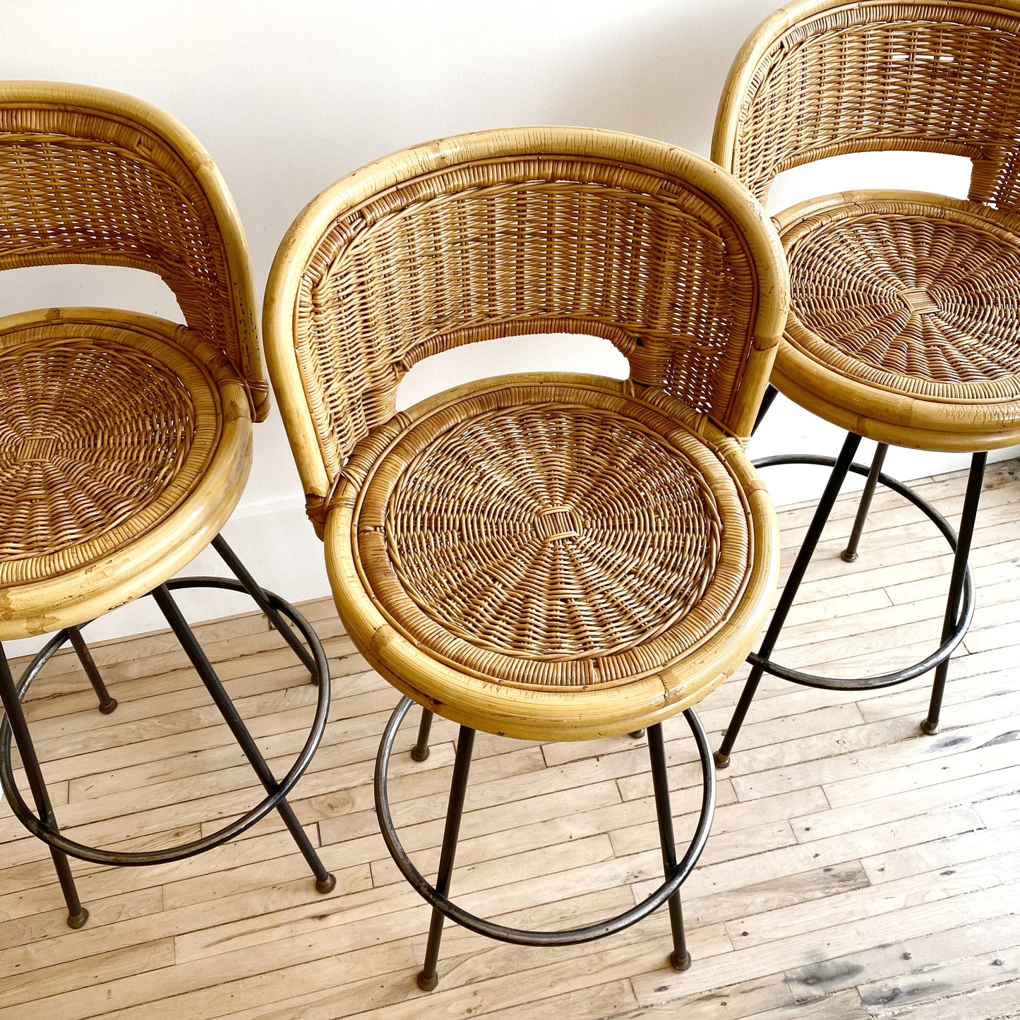 Set of 3 Vintage Mid-Century Wicker Barstools