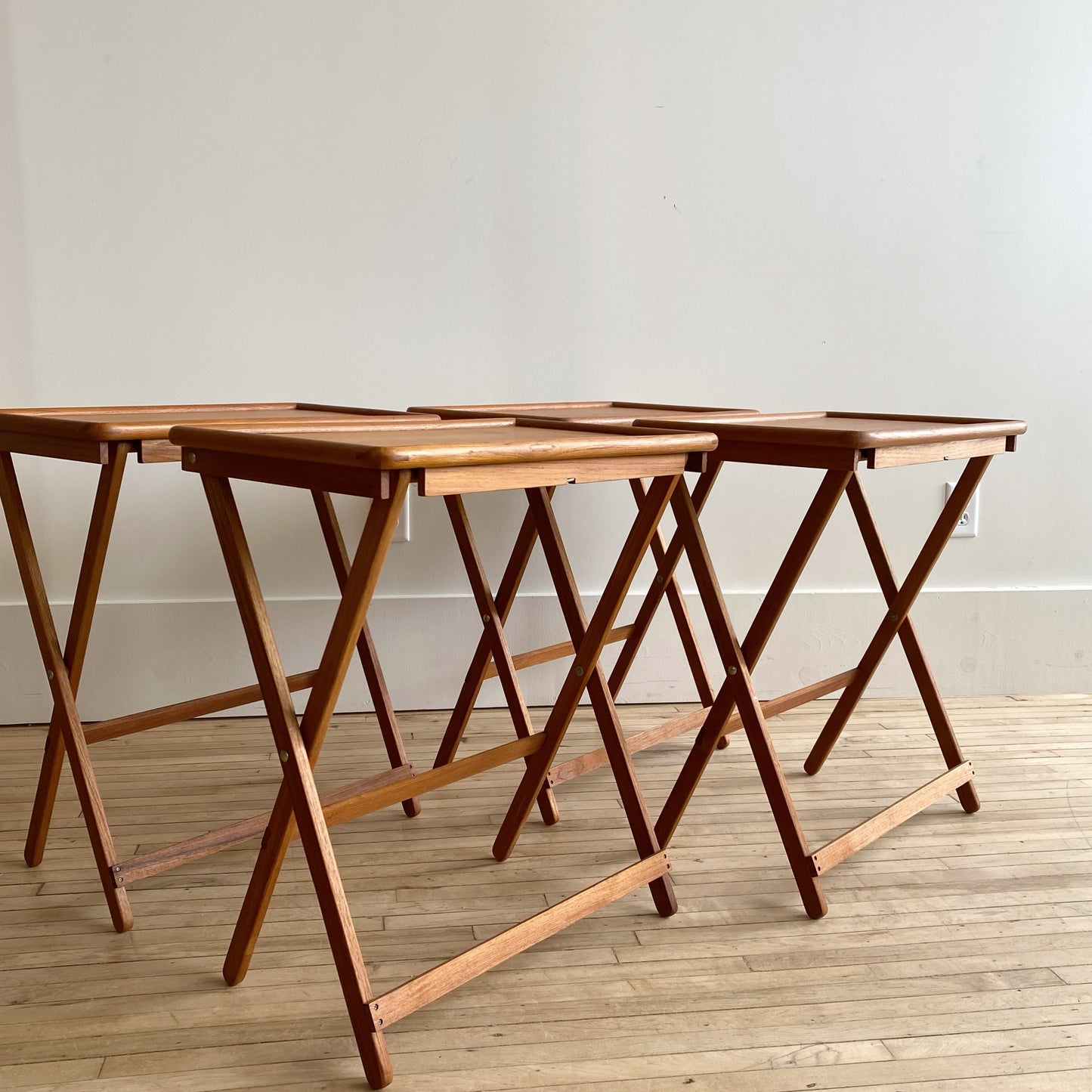 Set of 4 Vintage Teak Folding Trays with Stand