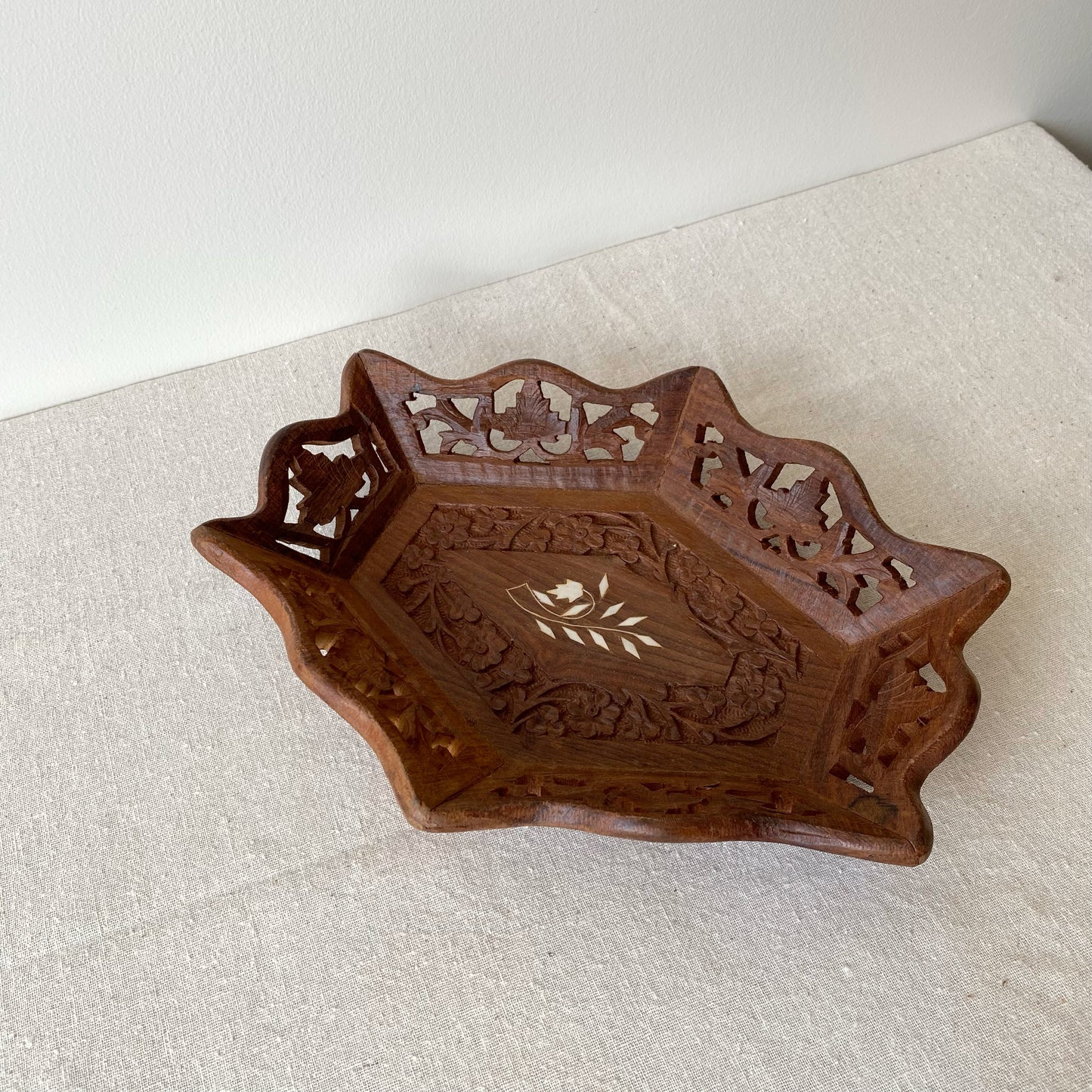 Vintage Carved Wood Tray with Inlay