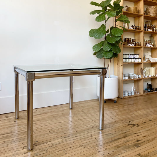 Vintage Modern Chrome + Glass Dining Table (29" square)