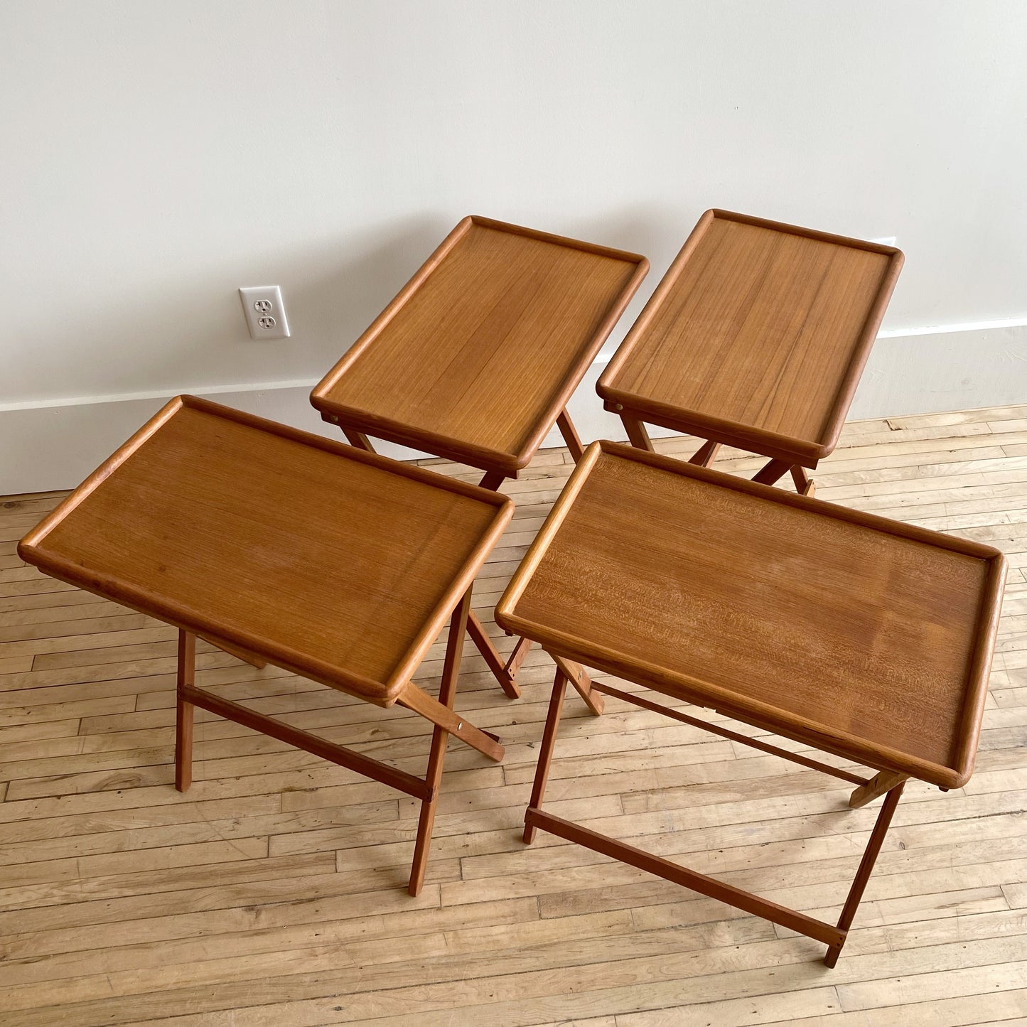 Set of 4 Vintage Teak Folding Trays with Stand