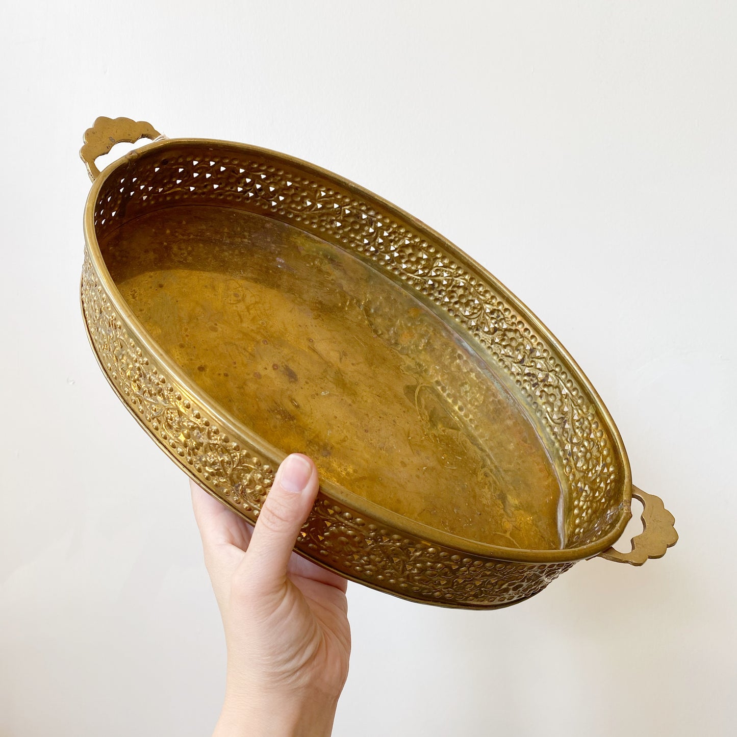 Large Vintage Oval Brass Tray with Floral Rim