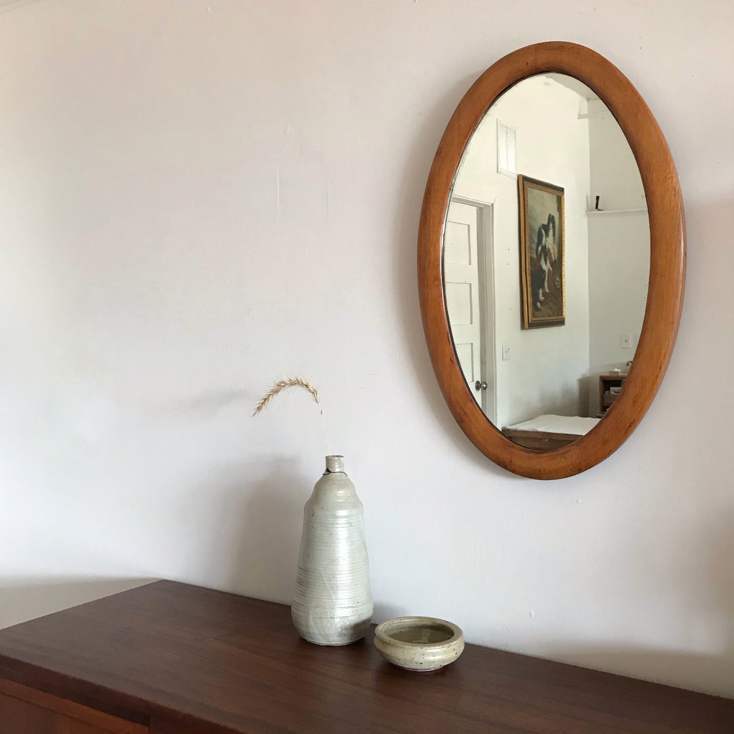 Antique Oval Mirror with Wood Frame