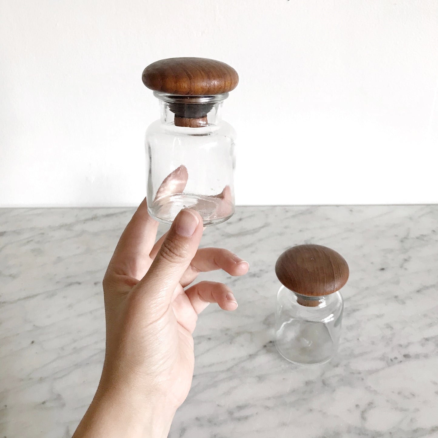 Pair of Vintage Glass Jars w Wooden Tops