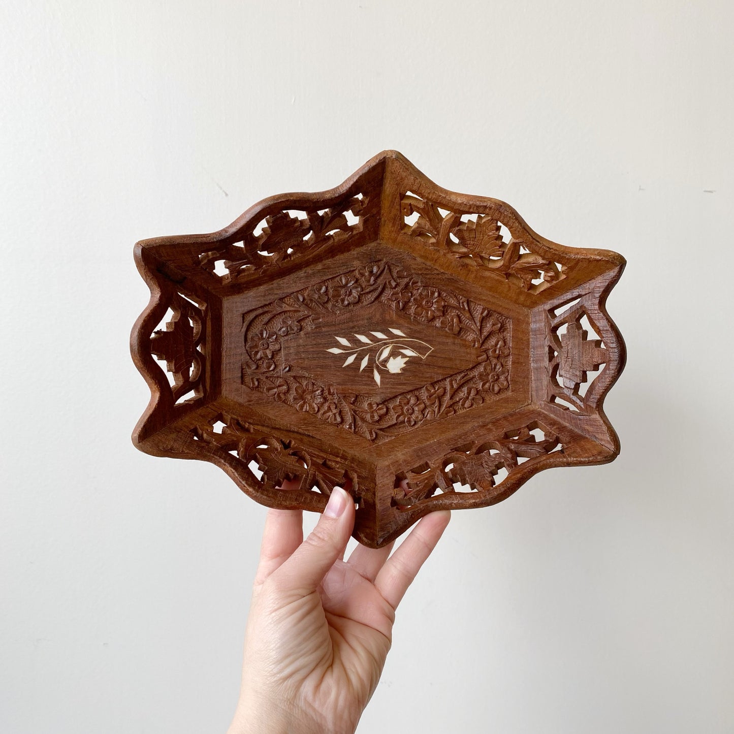 Vintage Carved Wood Tray with Inlay
