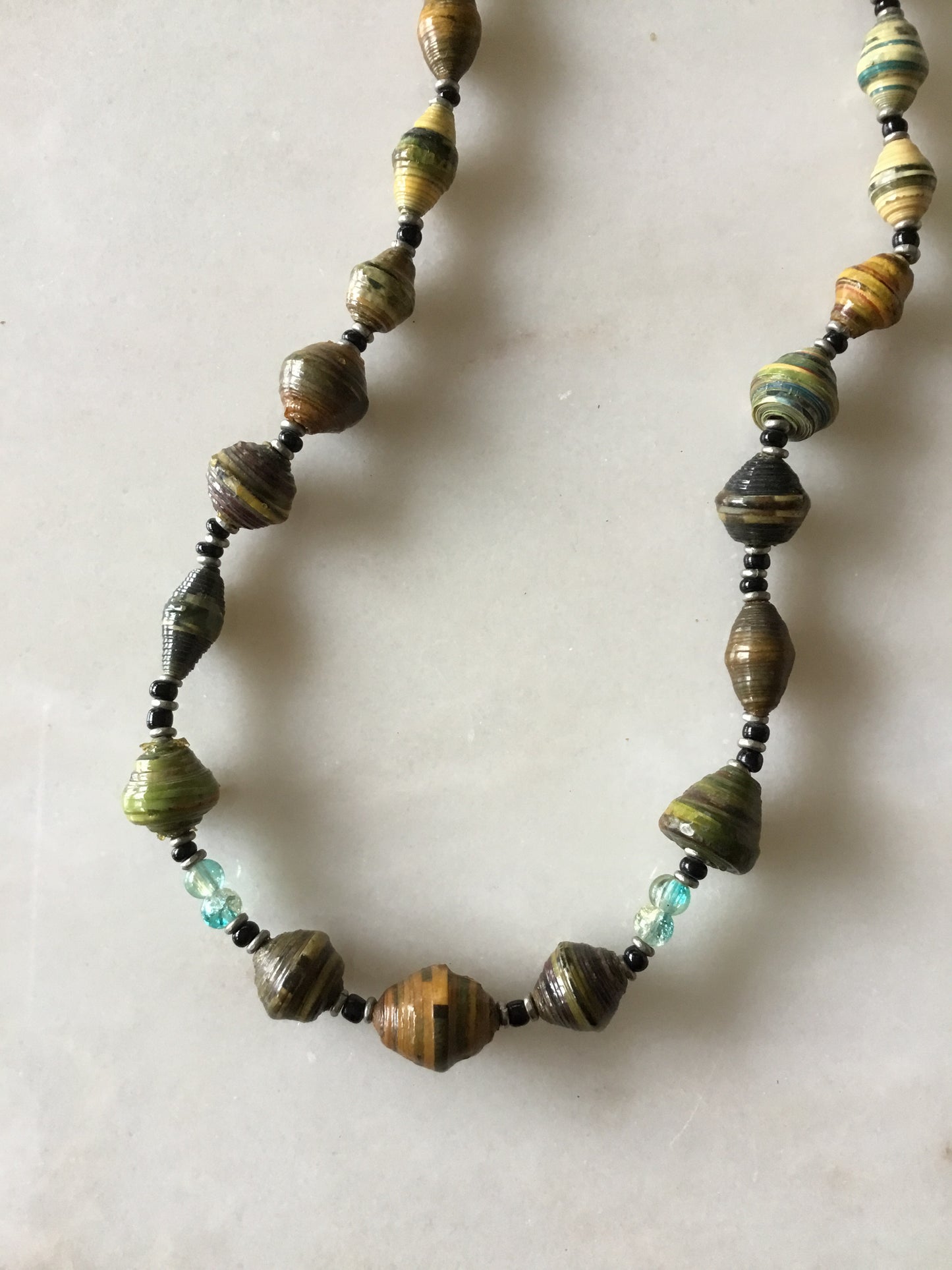 Paper Bead Necklace w Aquamarine Beads