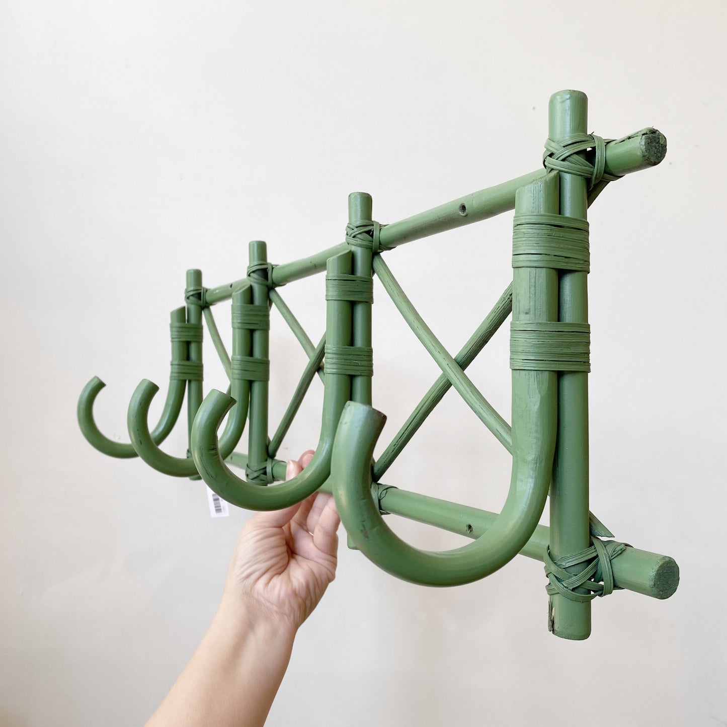 Vintage Green Rattan Coat Rack / Hooks