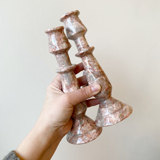 Pair of Vintage Pink Marble Candlestick Holders