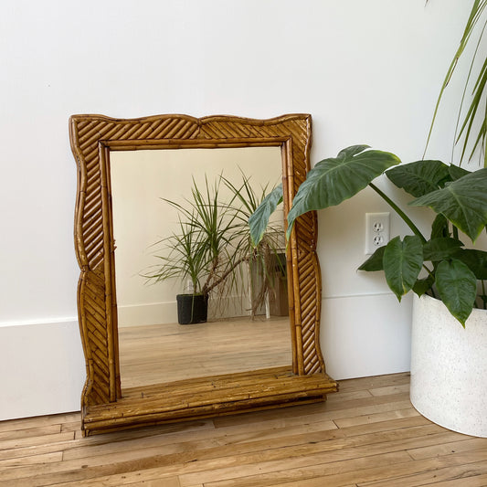 Large Vintage Rattan Mirror with Shelf (24.25" x 30")