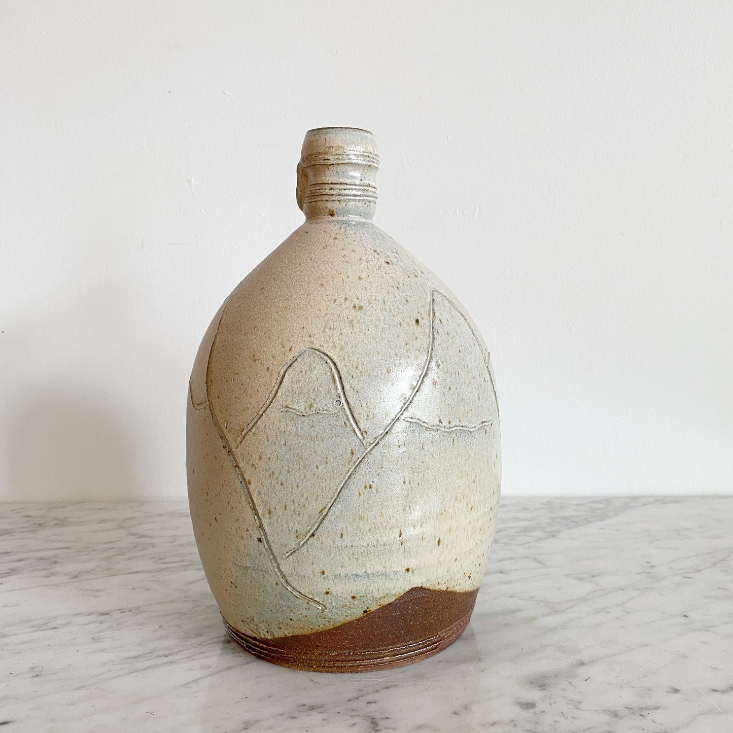 Vintage Pottery Jug with Etched Mountains