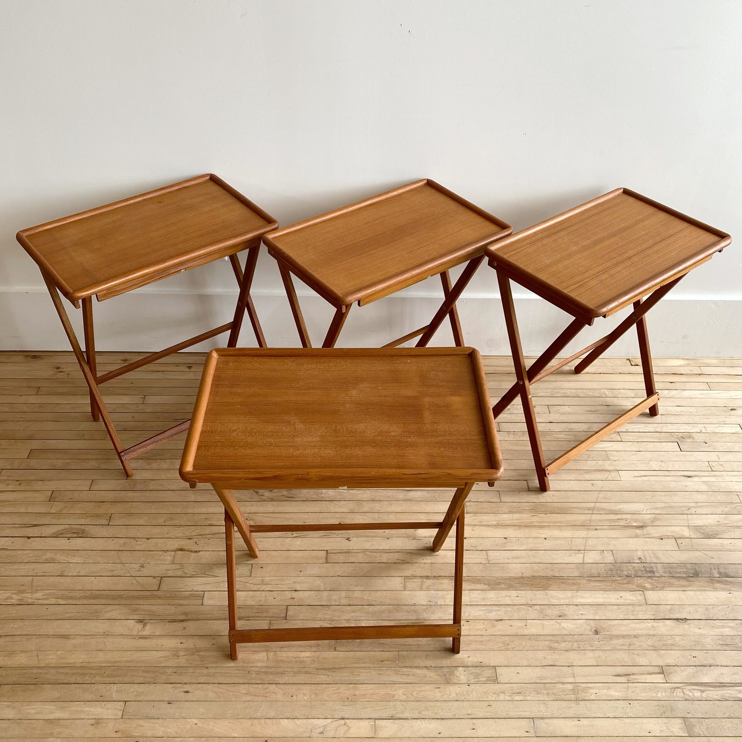 Set of 4 Vintage Teak Folding Trays with Stand