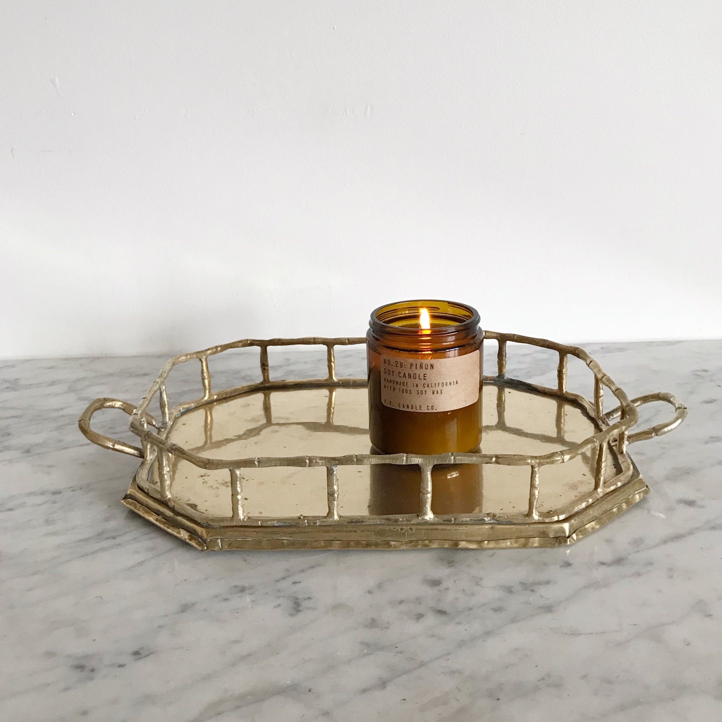 Large Vintage Rectangular Brass Tray with Railing