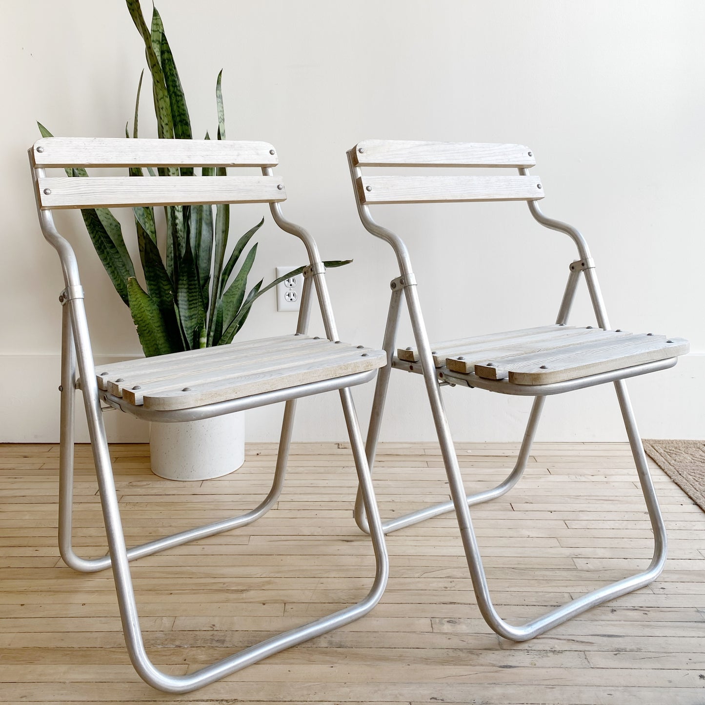 Pair of Vintage Aluminum + Wood Folding Chairs