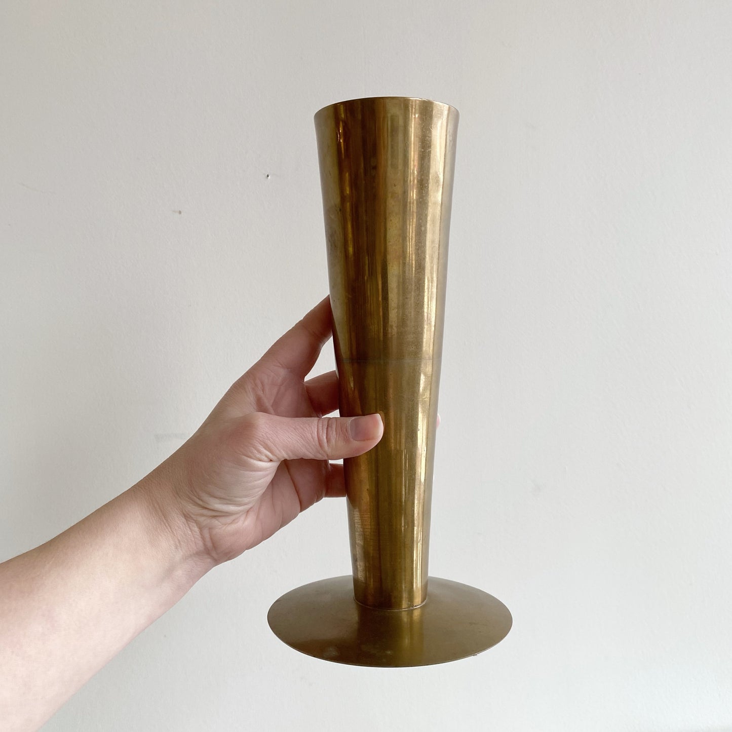 Vintage Minimalist Modern Brass Vase, 10.5”