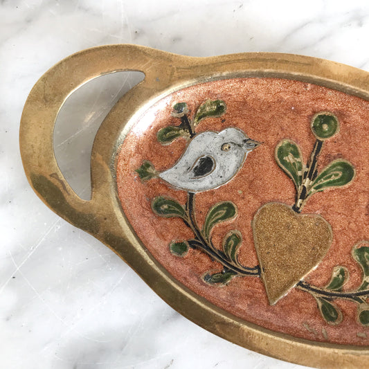 Vintage Enamelled Brass Dish with Birds