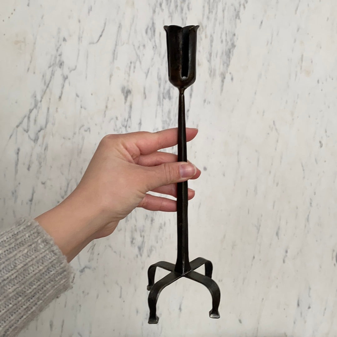 Vintage Tall Footed Iron Candle Holder, 11"