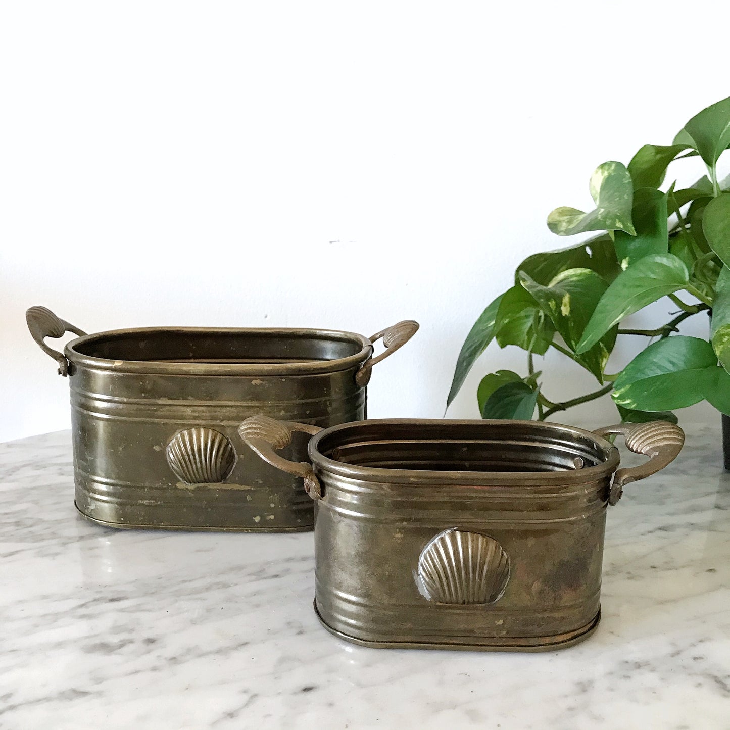 Pair of Vintage Brass Seashell Planters