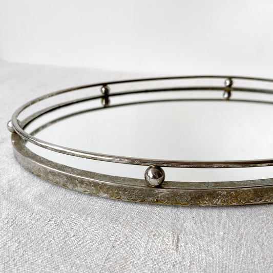 Vintage Oval Mirrored Tray with Silver Rim + Rail