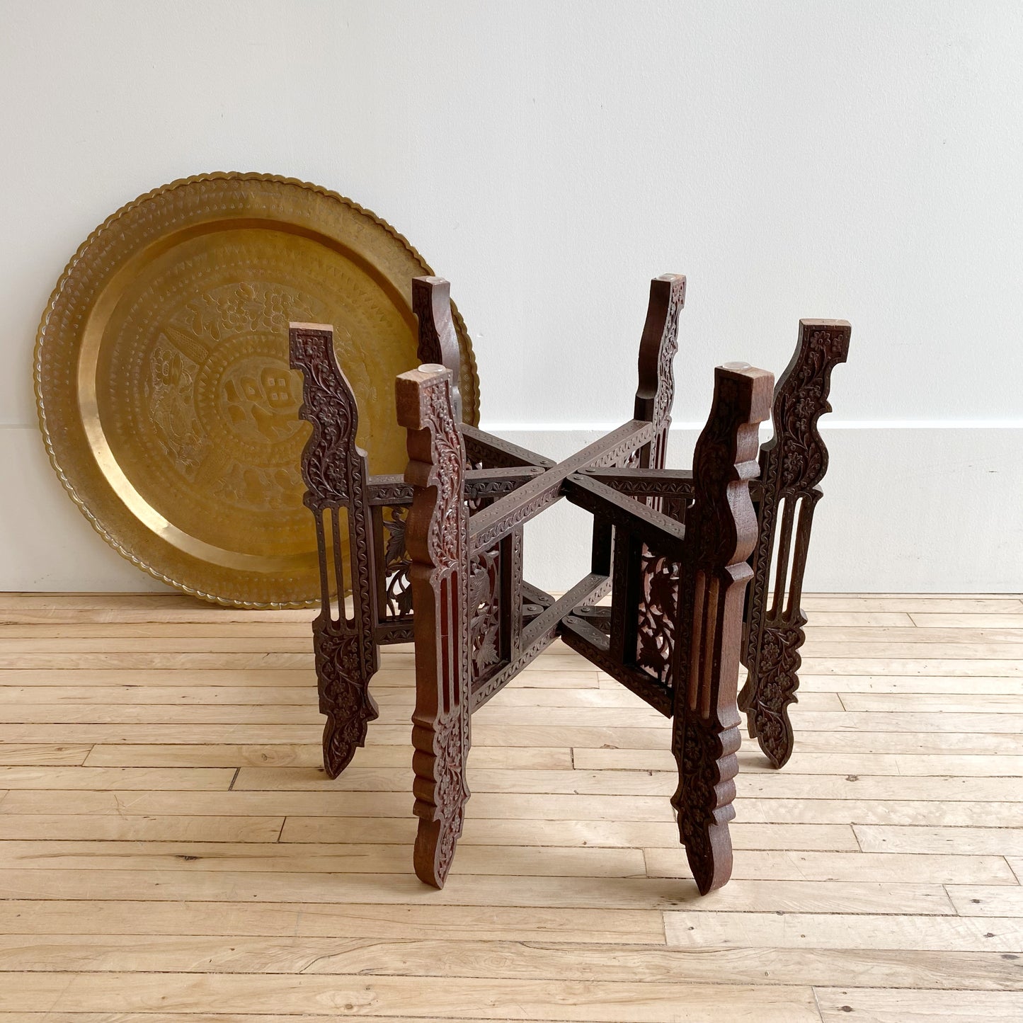 Vintage Carved Wood and Brass Tray Table
