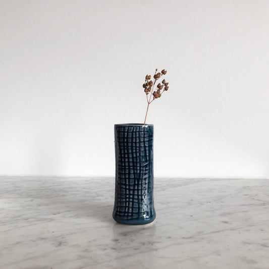 Blue Ceramic Vase with Grid Pattern