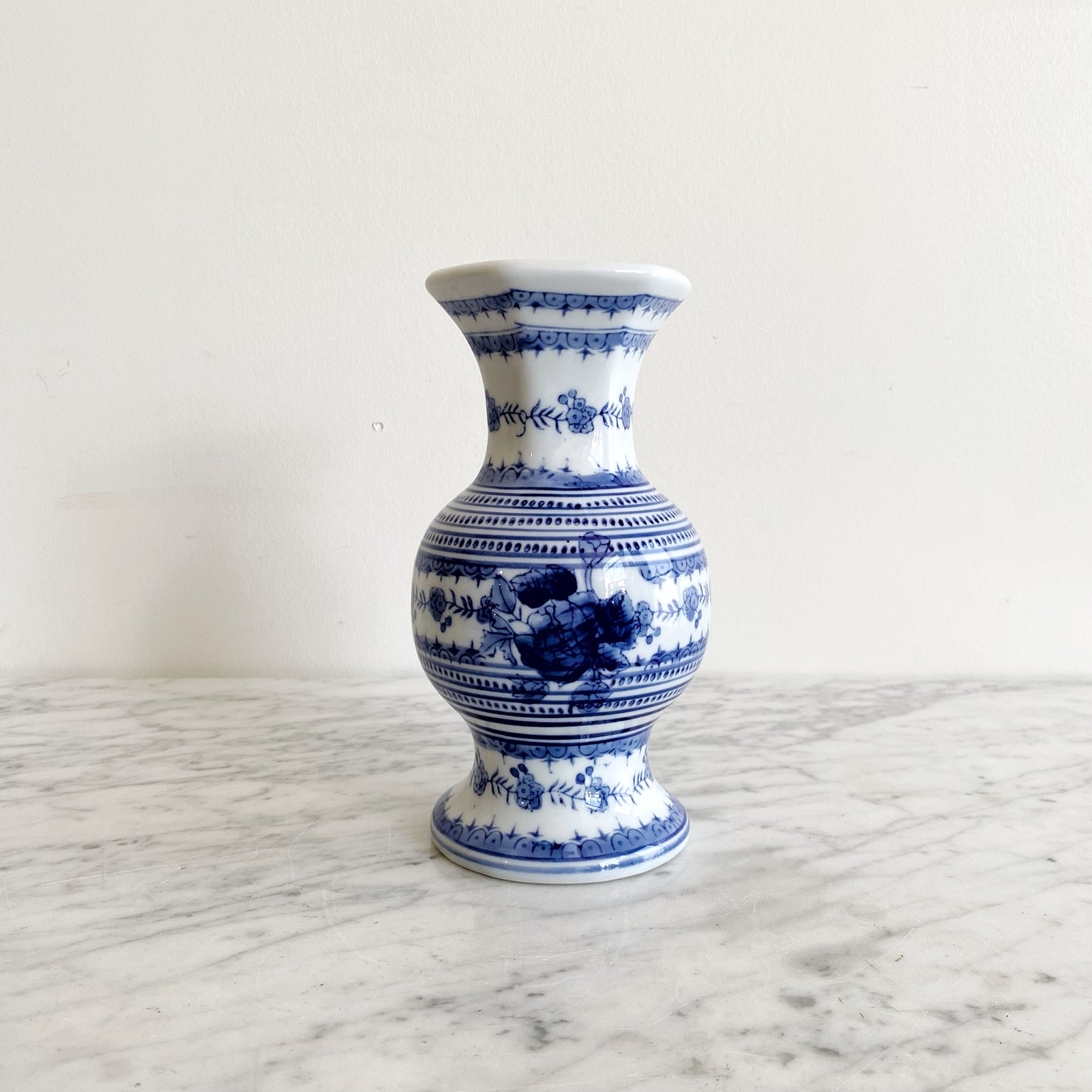 Vintage Blue + White Porcelain Vase, 8"