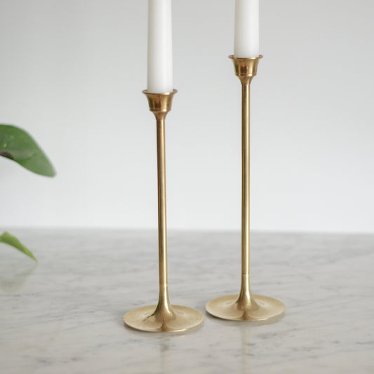Pair of MCM Slender Brass Candle Holders