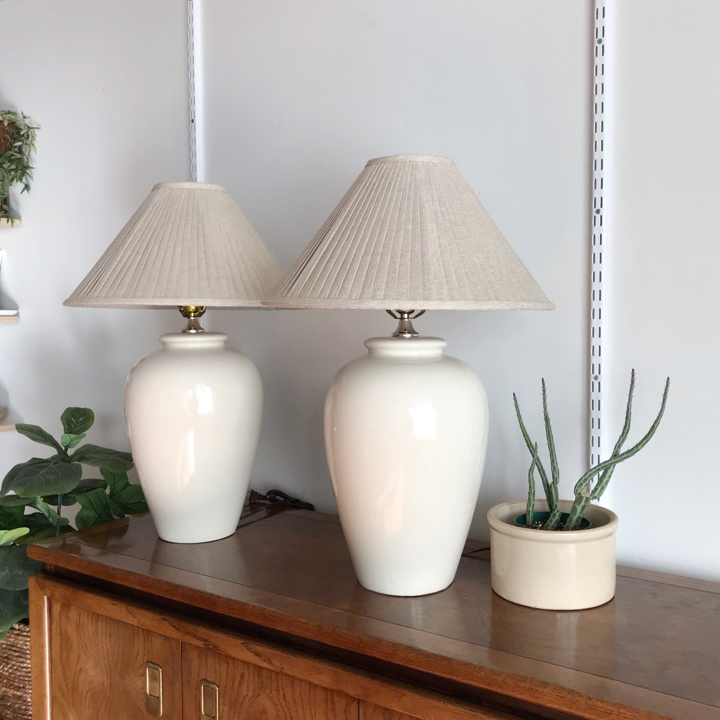 PAIR of XL Vintage Ceramic Lamps with Pleated Shades