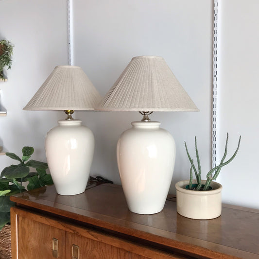 PAIR of XL Vintage Ceramic Lamps with Pleated Shades