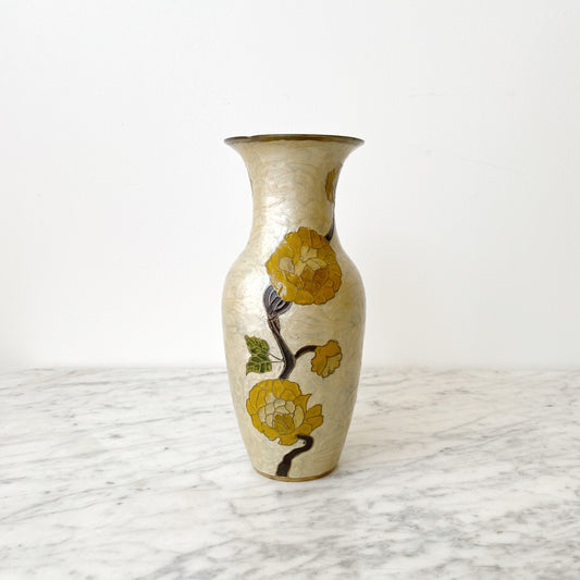Large Vintage Enameled Brass Flower Vase