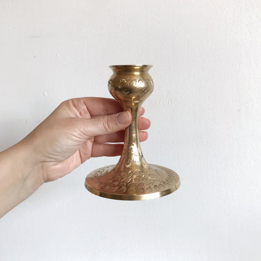 Large Vintage Etched Brass Candle Holder
