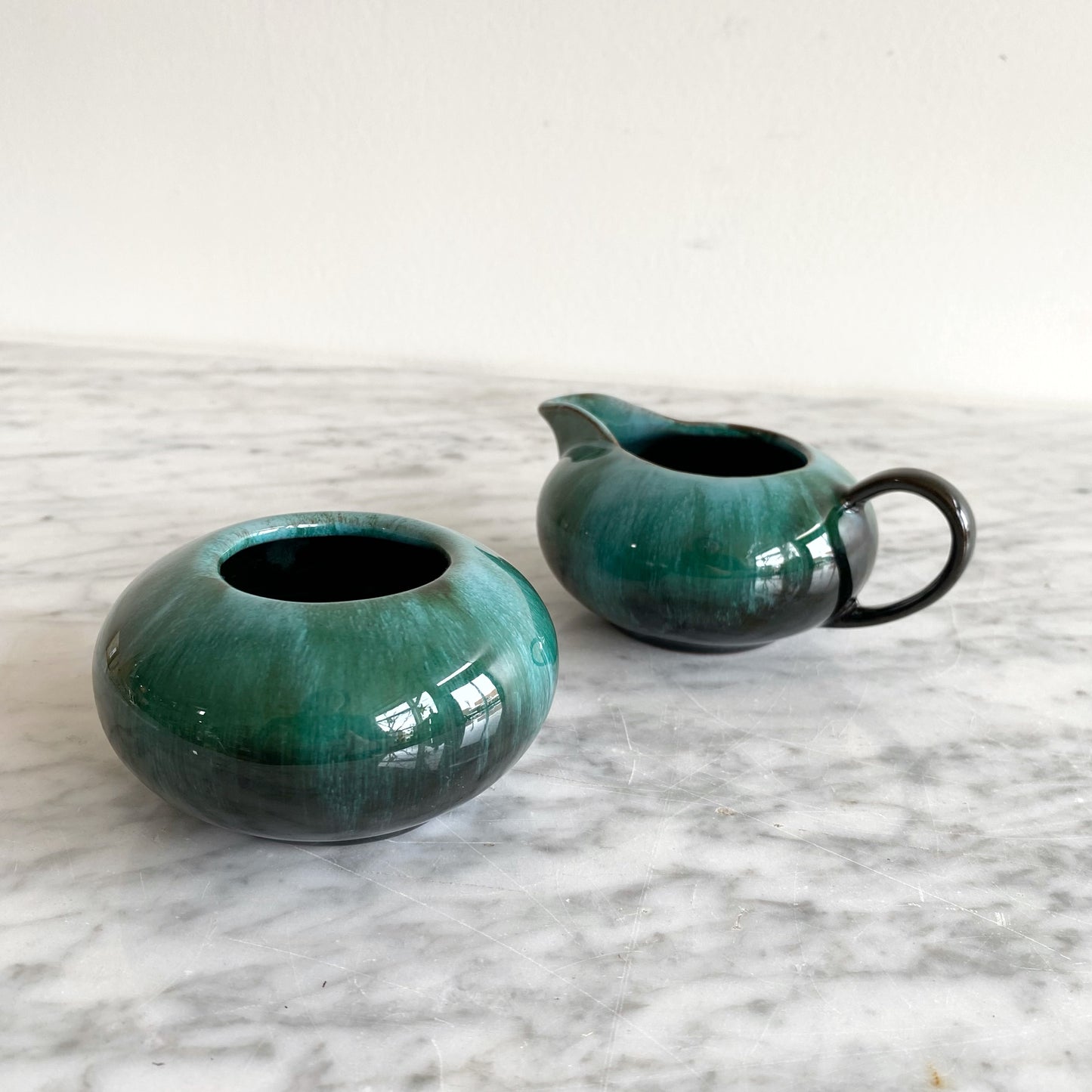 Set: Vintage Green Ceramic Cream Sugar