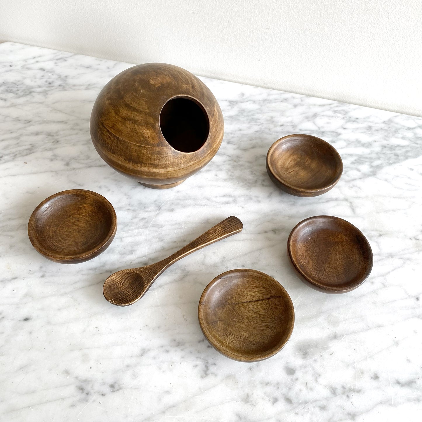 Vintage Wooden Salt Cellar + 4 Pinch Bowls