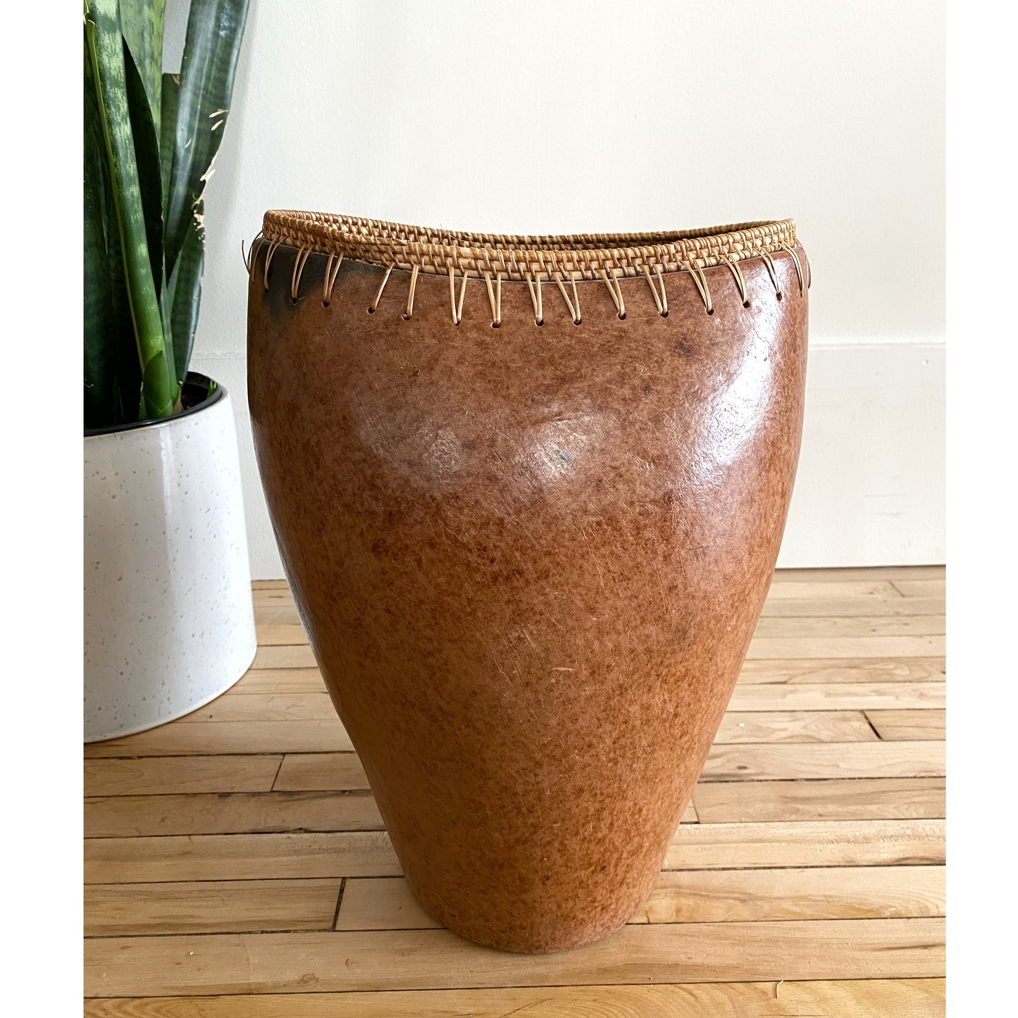 Oversized Vintage Clay Vase with Rattan Edge