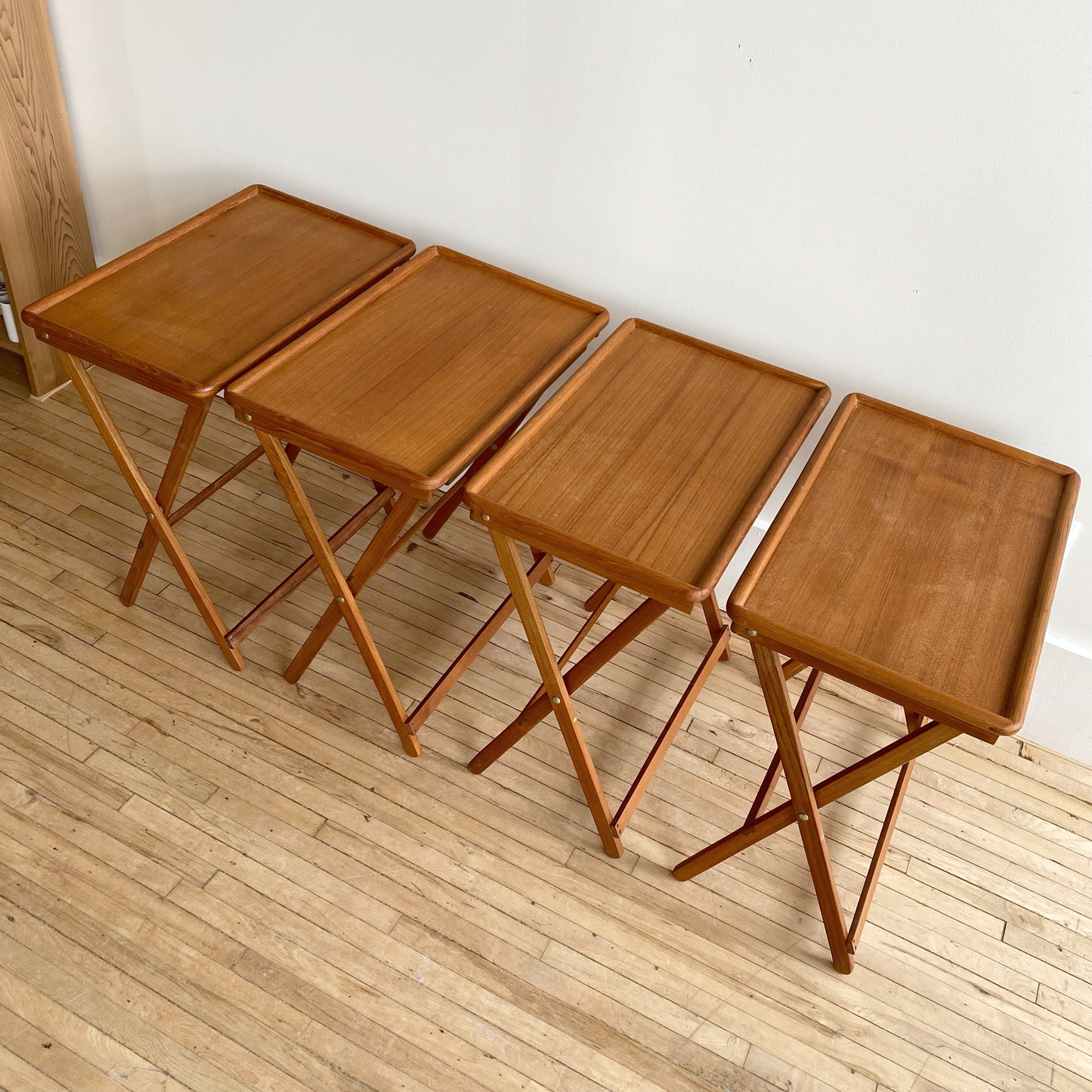 Set of 4 Vintage Teak Folding Trays with Stand