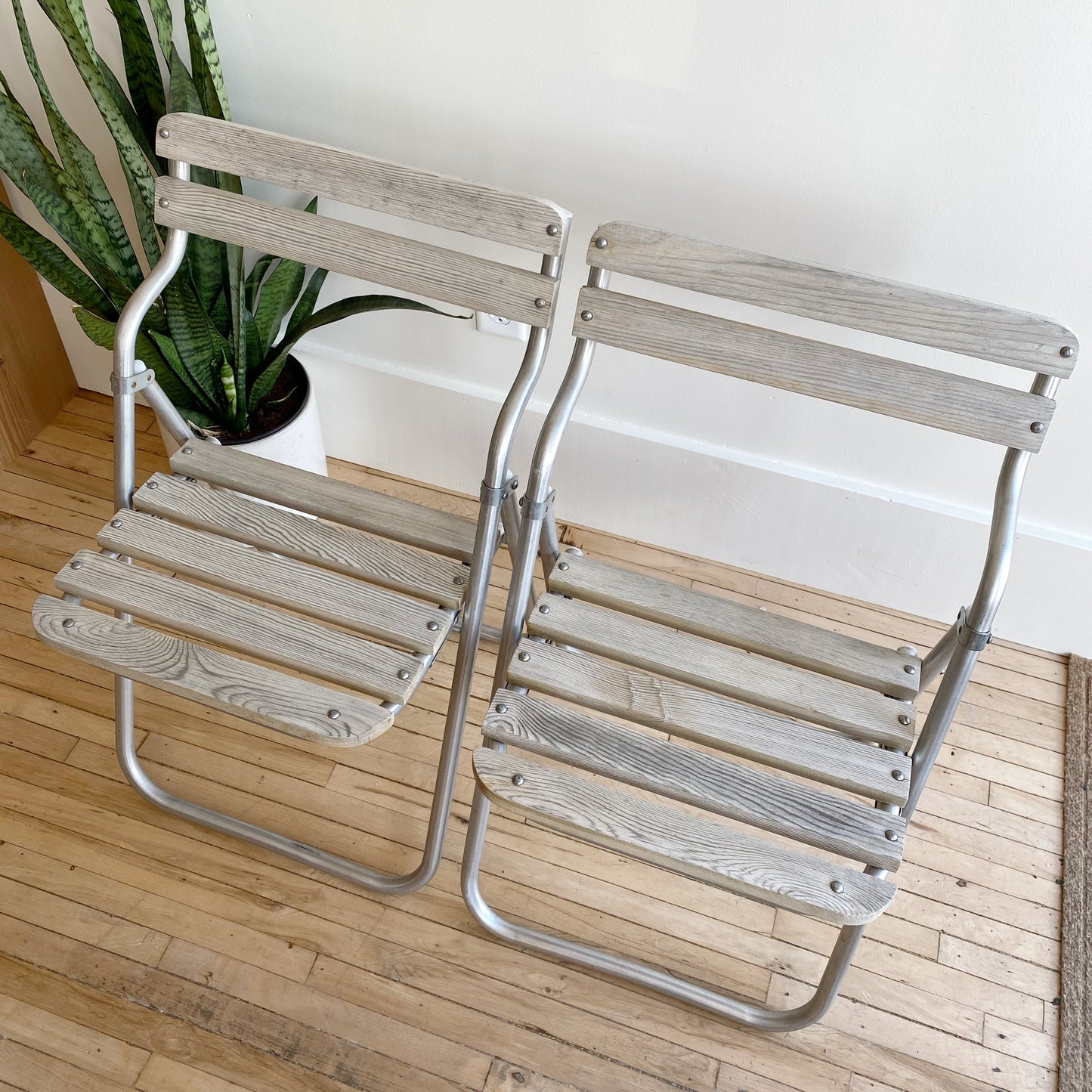 Pair of Vintage Aluminum + Wood Folding Chairs