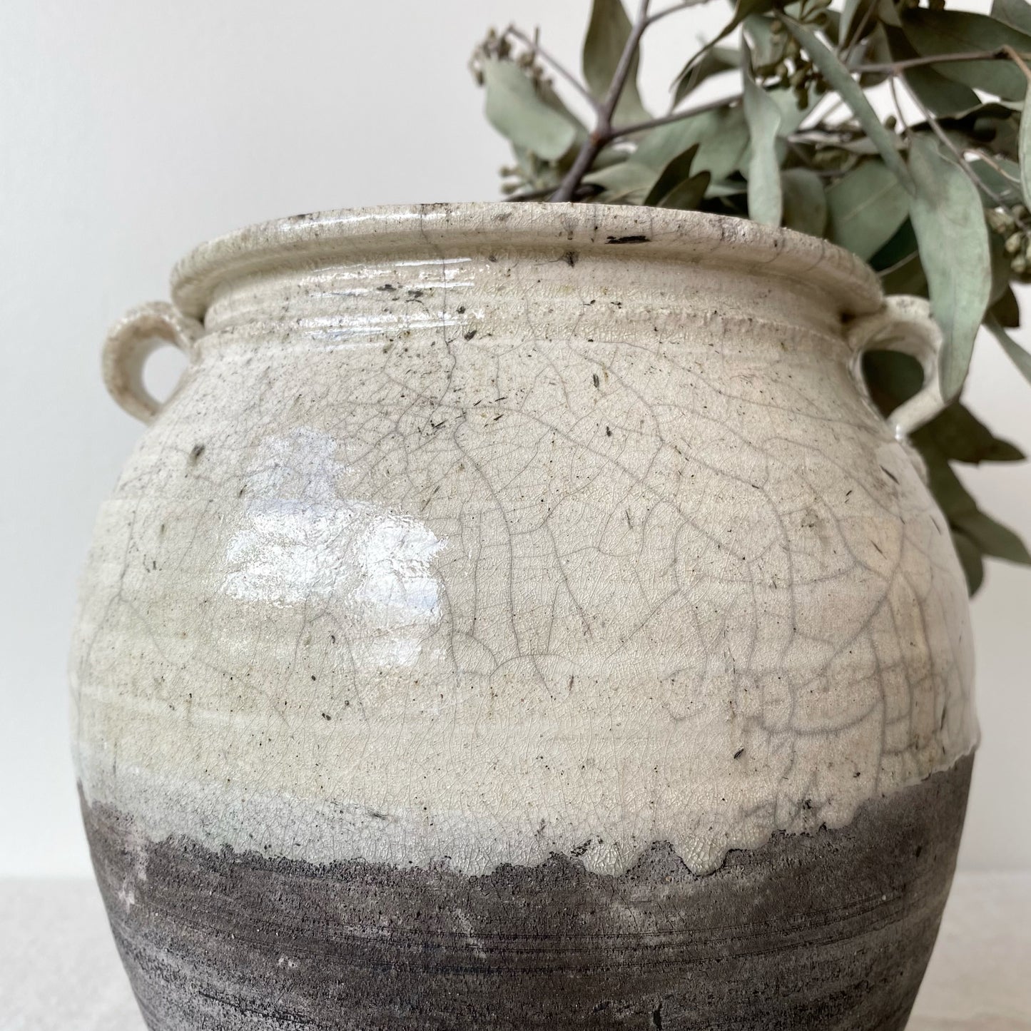 Large Vintage Clay Vase, Charcoal & White