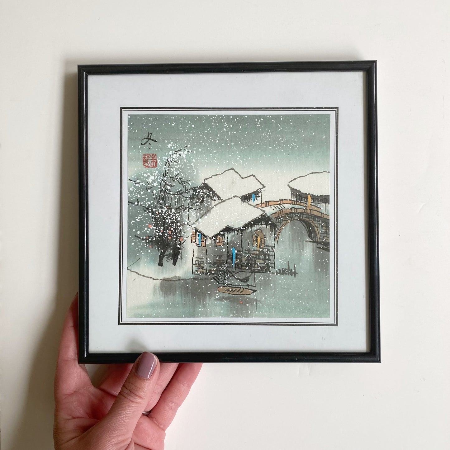Vintage Framed Art Print, Japanese Woodcut, 8x8