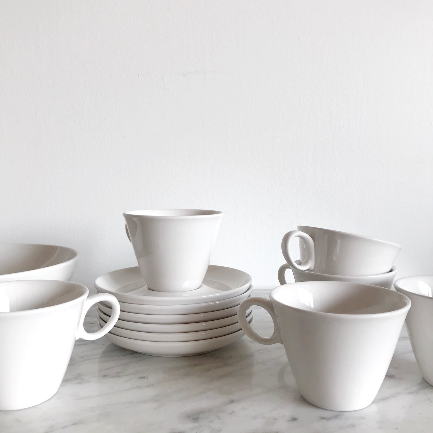 Vintage White Ceramic Cups + Saucers, 12-pc Set