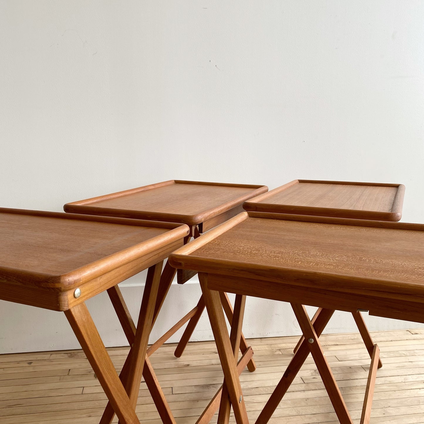 Set of 4 Vintage Teak Folding Trays with Stand